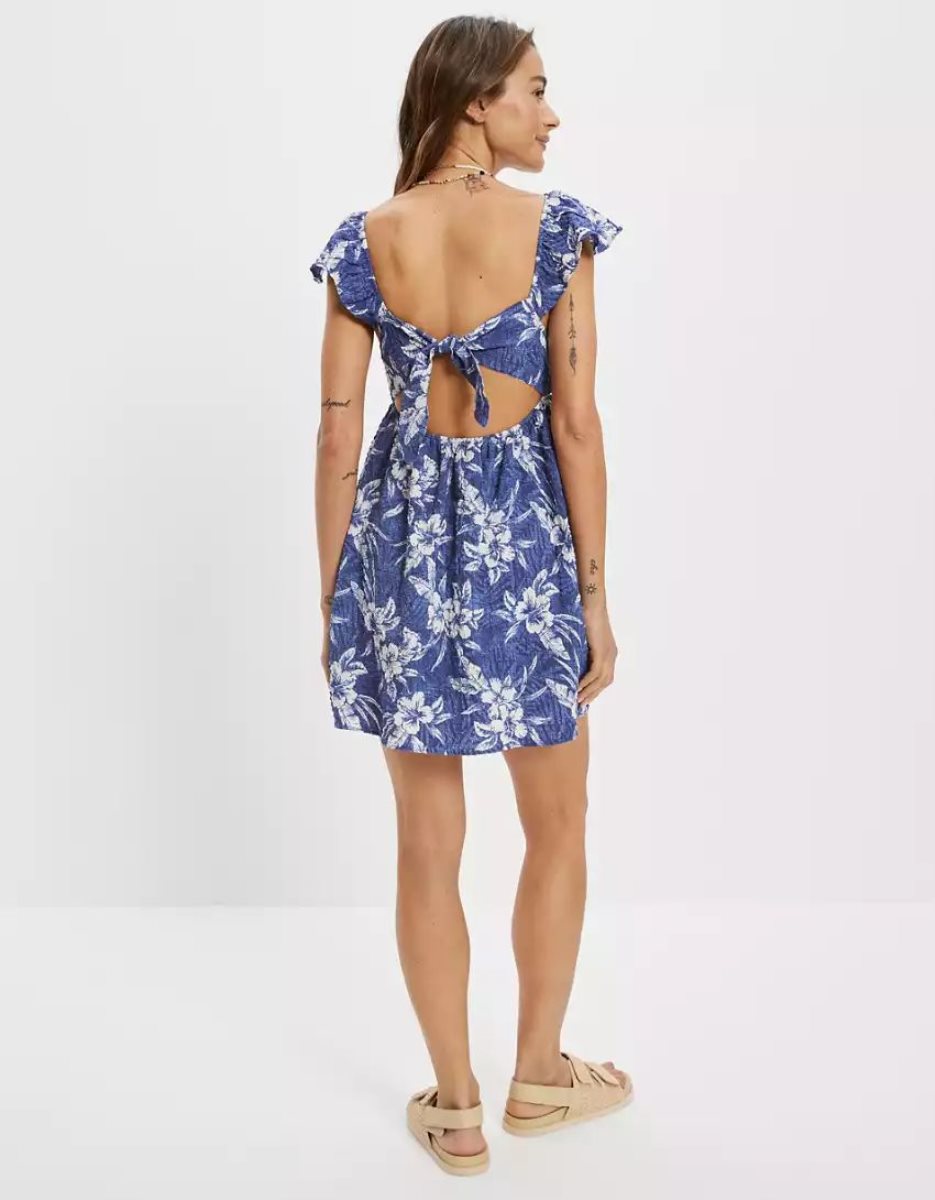 Mini Robe American Eagle AE Floral Flutter-Sleeve Bleu Marine Femme | IPJ-64207058